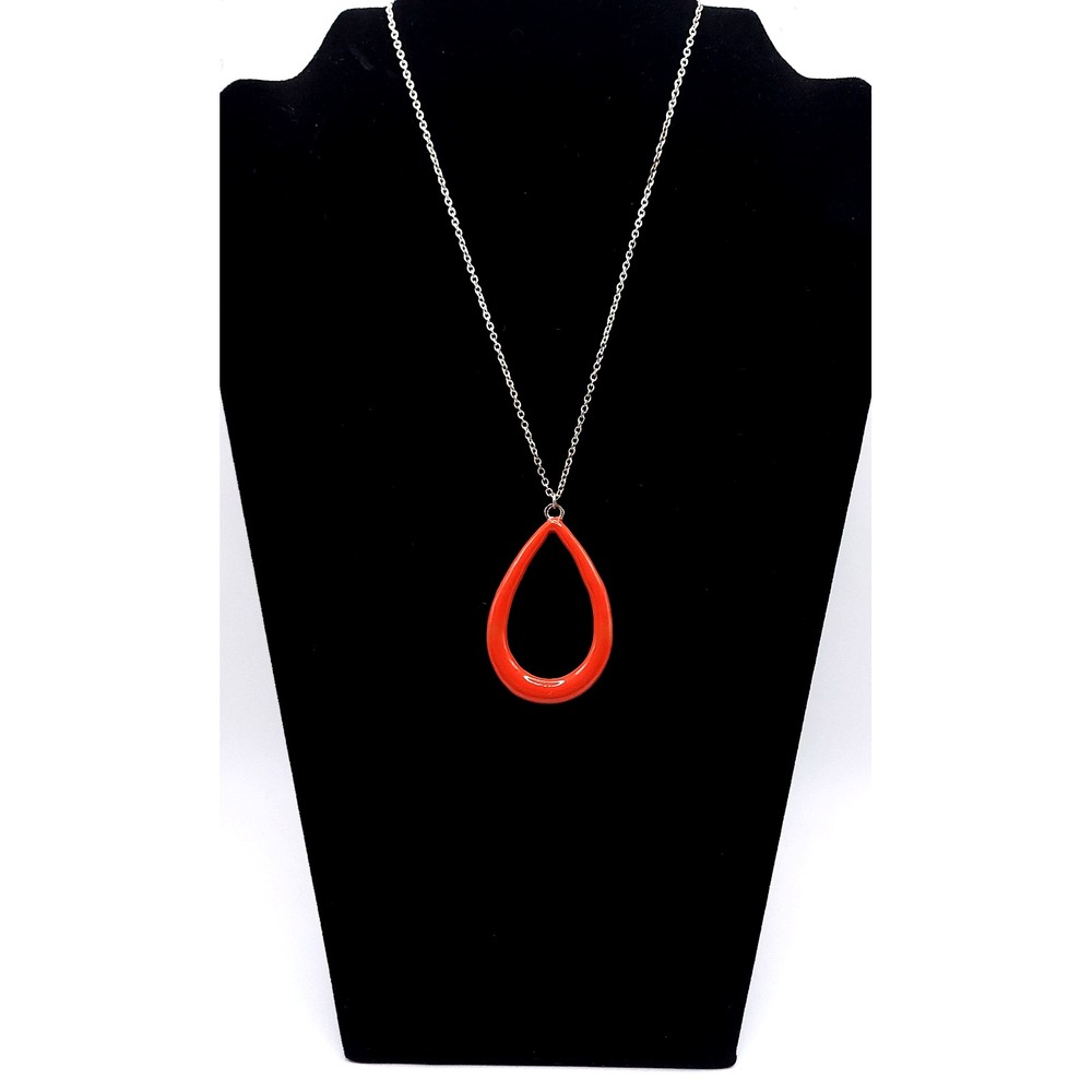 NY & Co Orange Enamel Teardrop Pendant Necklace Silver Tone